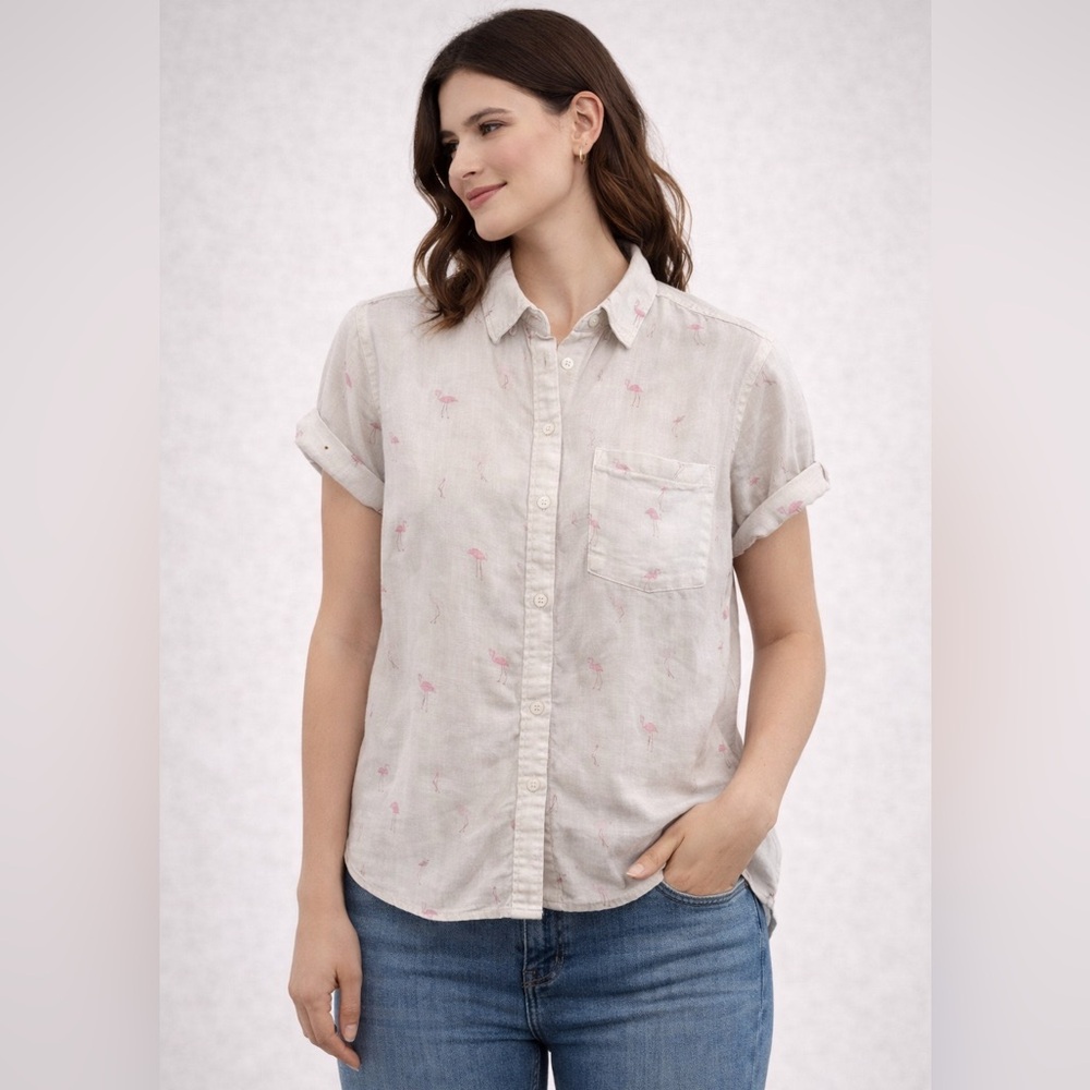 Rails Women's Linen Blend Flamingo
Print Whitney Shirt in White Size M